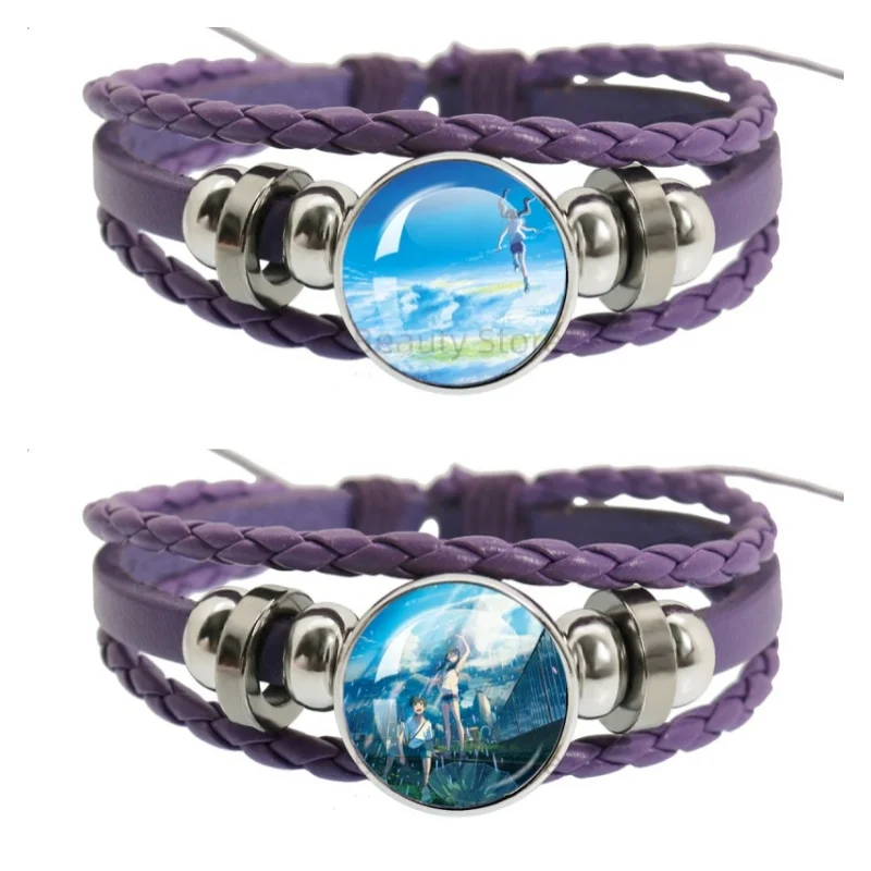 Anime W-Weathering with you Character Hodaka and Hina 18mm Purple Leather Bracelet Glass Handmade Bracelet Jewelry Gift