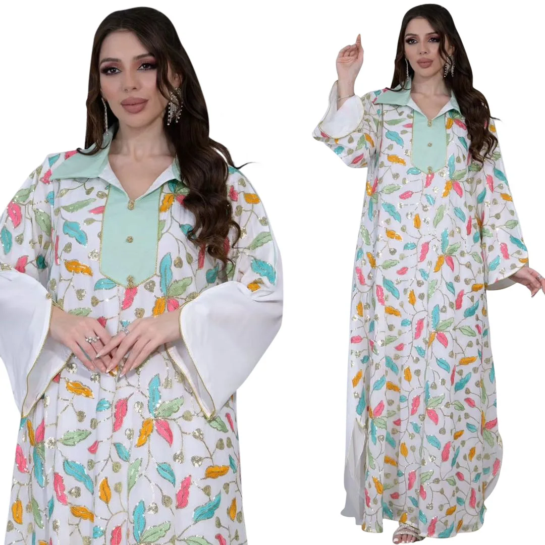 2025 Muslim Beaded Embroidery Women Abaya Ramadan Morocco Long Sleeved V-neck Party Dress Eid Dubai Loose Casual Robes Jalabiya