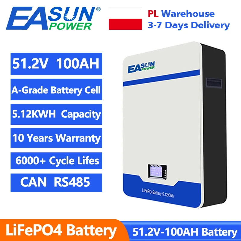 Batterie LiFePO4 EASUN POWER 51.2V 100AH, pack de batteries lithium-fer 48V 5KWH, 6000+ cycles, Bluetooth CAN RS485 BMS, stock UE, sans taxes
