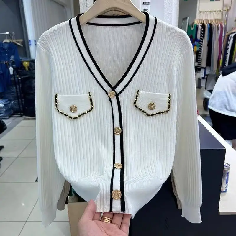 Women Clothing Spring Autumn New Long Sleeve Button Pullovers Fashion Elegant Temperament V Neck Knitting Slim Short Sweaters