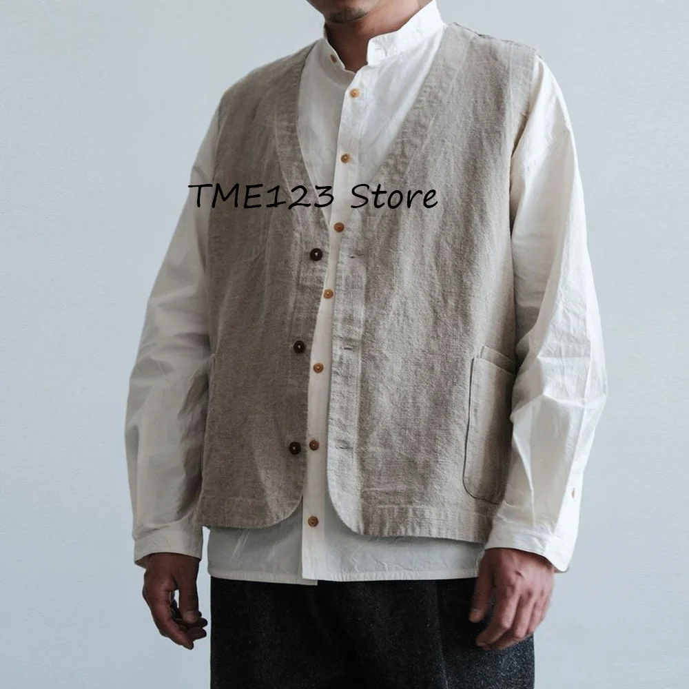 

Мужской повседневный рабочий летний жилет без рукавов с v-образным вырезом и тремя пуговицами, мужской костюм, жилет из льняной ткани с квадратными карманами, рабочая мода