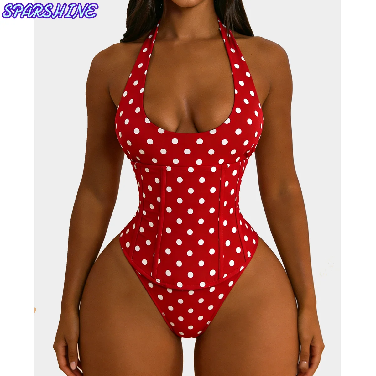 

Women‘s Stylish Polka Dot Triangle Jumpsuits Slimming Colorful Body Abdominal Bodysuits Sexy Hanging Neck Swimsuits Shapewear