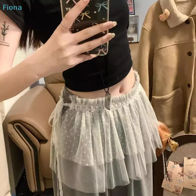 ☪Y2K Lace Skirt Curtain White Polka Dot Lace Mesh Halfbody Skirt Women Summer Bottoms Jeans Decorative Hemline