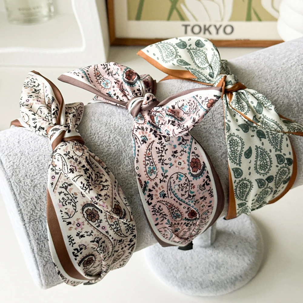 Women Boho Floral Print Headbands Cross Knot Hair Hoop Bow Wide Brimmed Head Hoop Vintage Elegant Headwear Hair Accessories