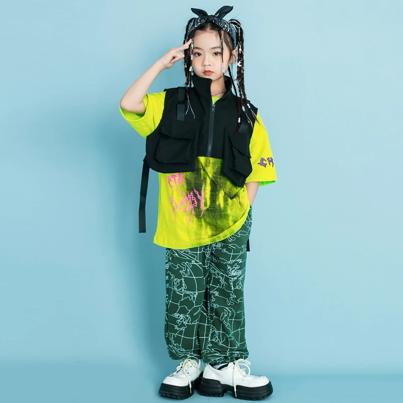 Kinder Ballsaal Hip Hop Kleidung schwarze Cargo Weste Top Print Jogger Hosen für Mädchen Jungen Jazz Tanz kostüme Teen Street Kleidung