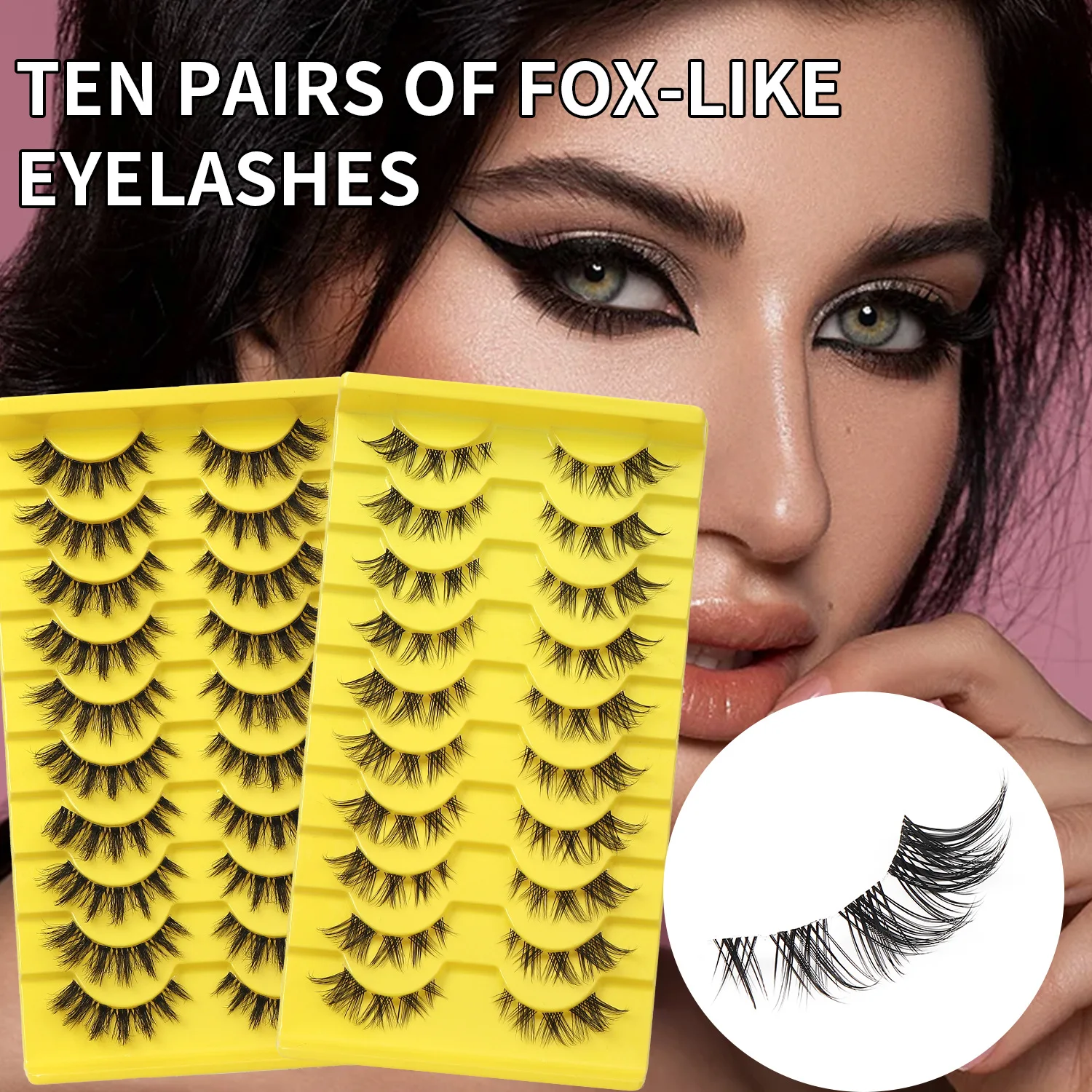 

10 Pairs Light European American Style False Eyelashes Fox Eye Dramatic Volume & Curly with Clear Invisible Band