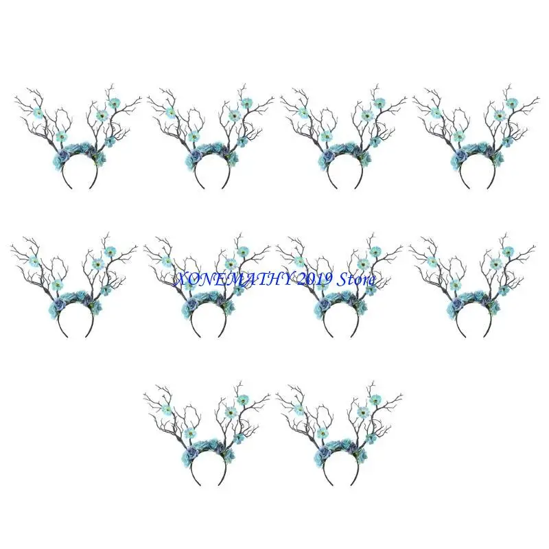 

F42F 10Pcs Flower Antler Headbands Deer Horns Hairband Floral Reindeer Headpiece
