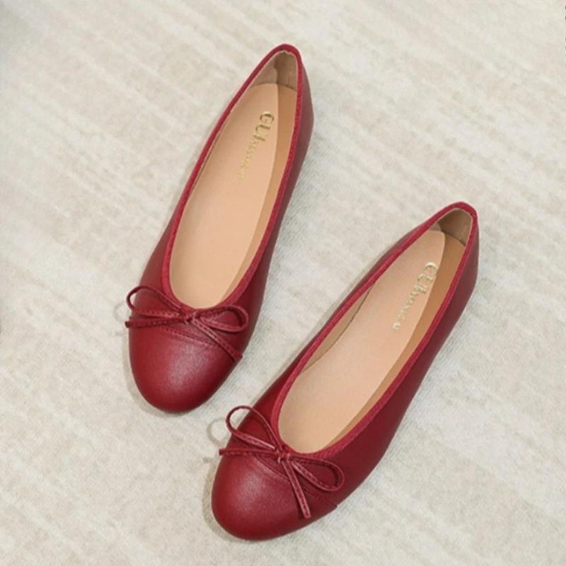 Flat Bottom Women's Shoes New Soft Bottom Bean Bean Shoes Slip-On Ballet Dance Egg Roll Shoes  Knot Color Block