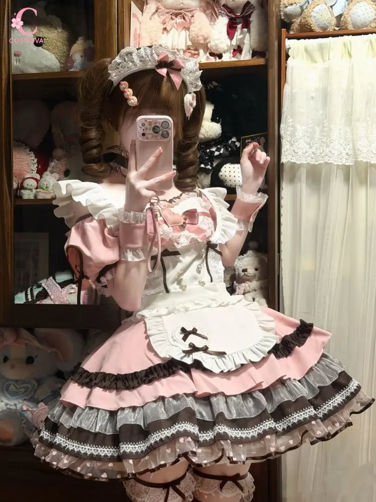 

Sweet Lolita Kawaii Summer Lace Bow Ruffle Puff Sleeve Female 2 Piece Set Dress Apron Bow Design Layered Lace Trim Party Clothes