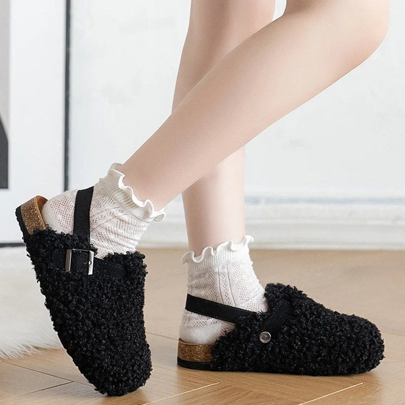 Warm Shearling Birken Clog Sandals For Girls Brand Design Lambswool Mule Slippers Kids Cork Sole Elasic Band Fur Slide Shoes