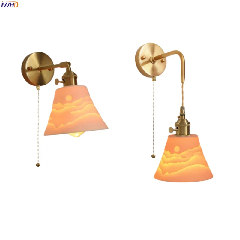 

IWHD Japan Wabi Sabi LED Wall Sconce Lamp Pull Chain Copper Arm Bedroom Decoration Bathroom Mirror Stair Light Aplique Pared