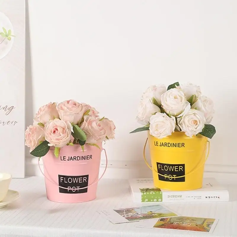   Multipurpose Small Iron Flowerpot Plant Pot Decorative Bucket with Handle Lightweight Stand Bucket for Home Display