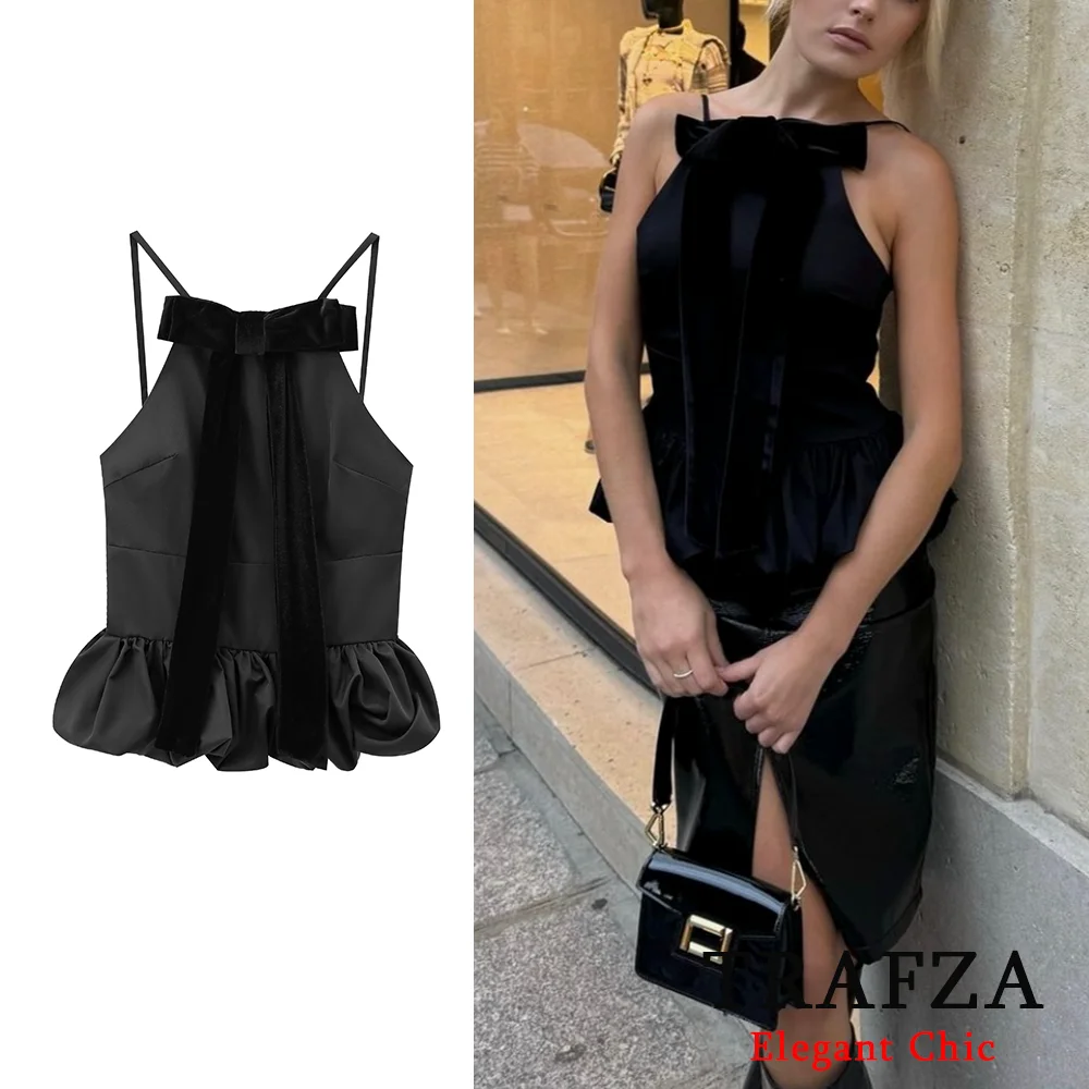 TRAFZA Women Fashion Sexy Black Bowknot Poplin  Short Tops 2024 Summer Balloon Type Halterneck Blouse Vacation Minimalist Tops