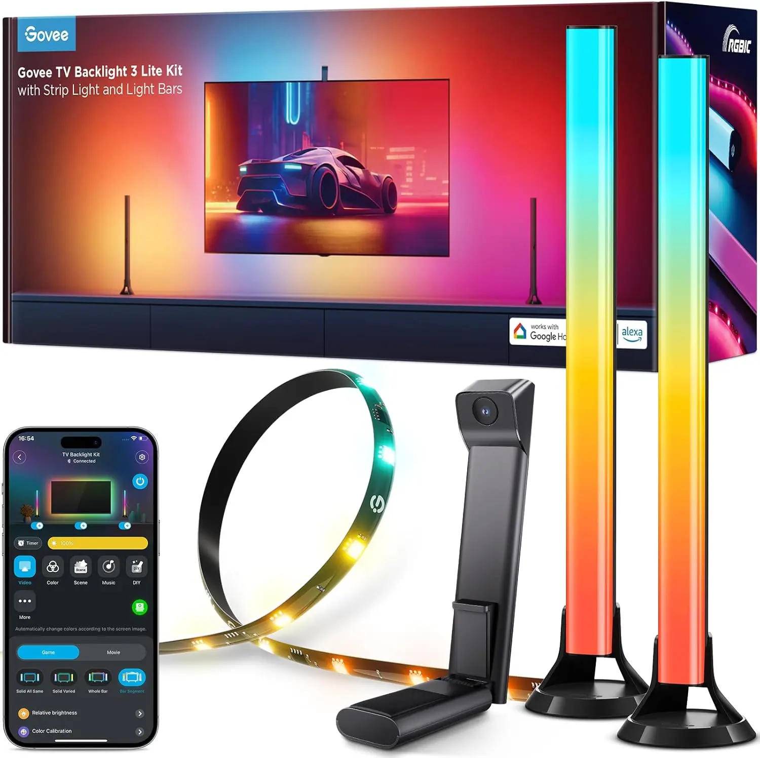 Kit retroilluminazione 3 Lite, luci di striscia LED TV wi-fi RGBICW da 11,8 piedi per TV 55-65in con fotocamera e barre luminose intelligenti da 15 pollici