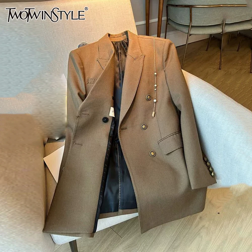 

TWOTWINSTYLE Slimming Temperament Blazers For Women Lapel Long Sleeve Spliced Button Elegant Jakcets Female Fashion KJA547298