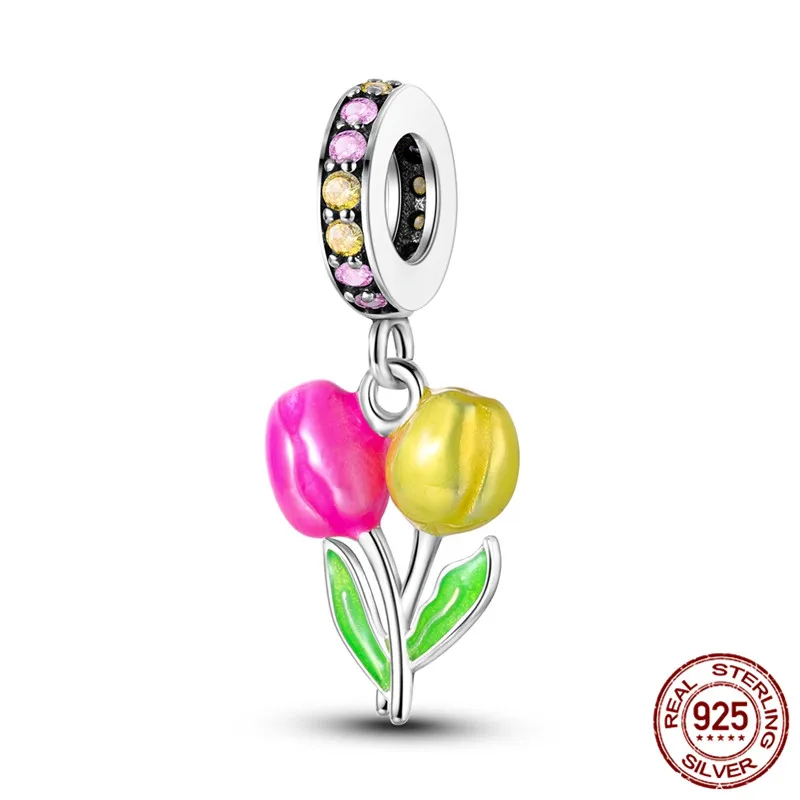 

925 Sterling Silver Tulip Pendant Bead, paired with an original design bracelet, a DIY jewelry gift for women.