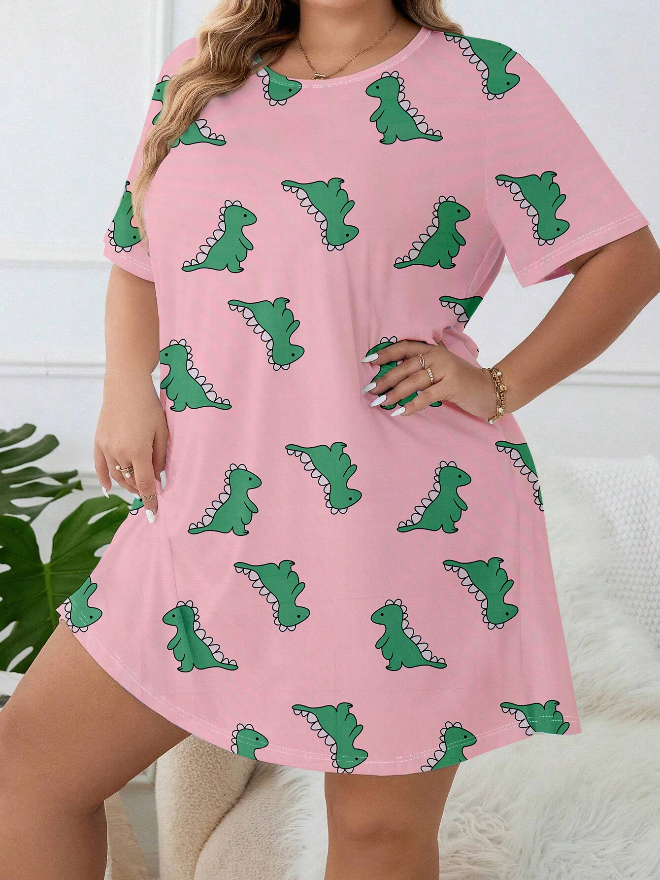 Home dress  casual dress  cartoon dinosaur dress  plus size dress milk silk material 2024 new pajama dress