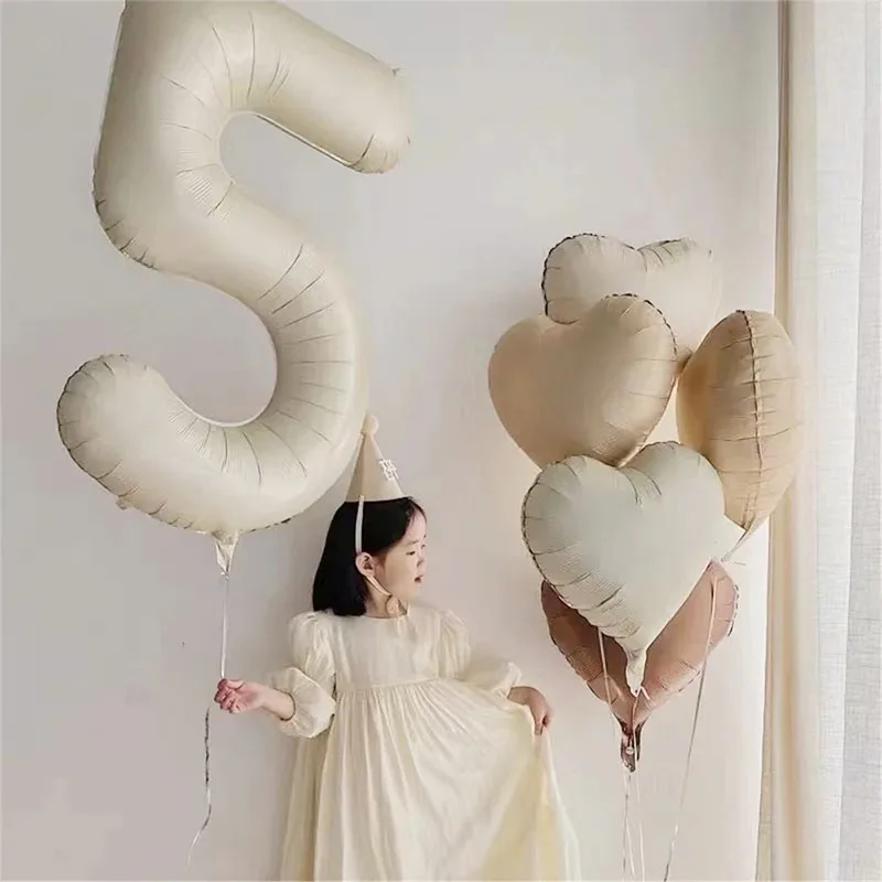 6pcs Cream Color 32inch Number Heart Foil Balloons Happy Birthday Party Decorations Kids Boy Girl 1 2 3 4 5 6 7 8 9 Year Old