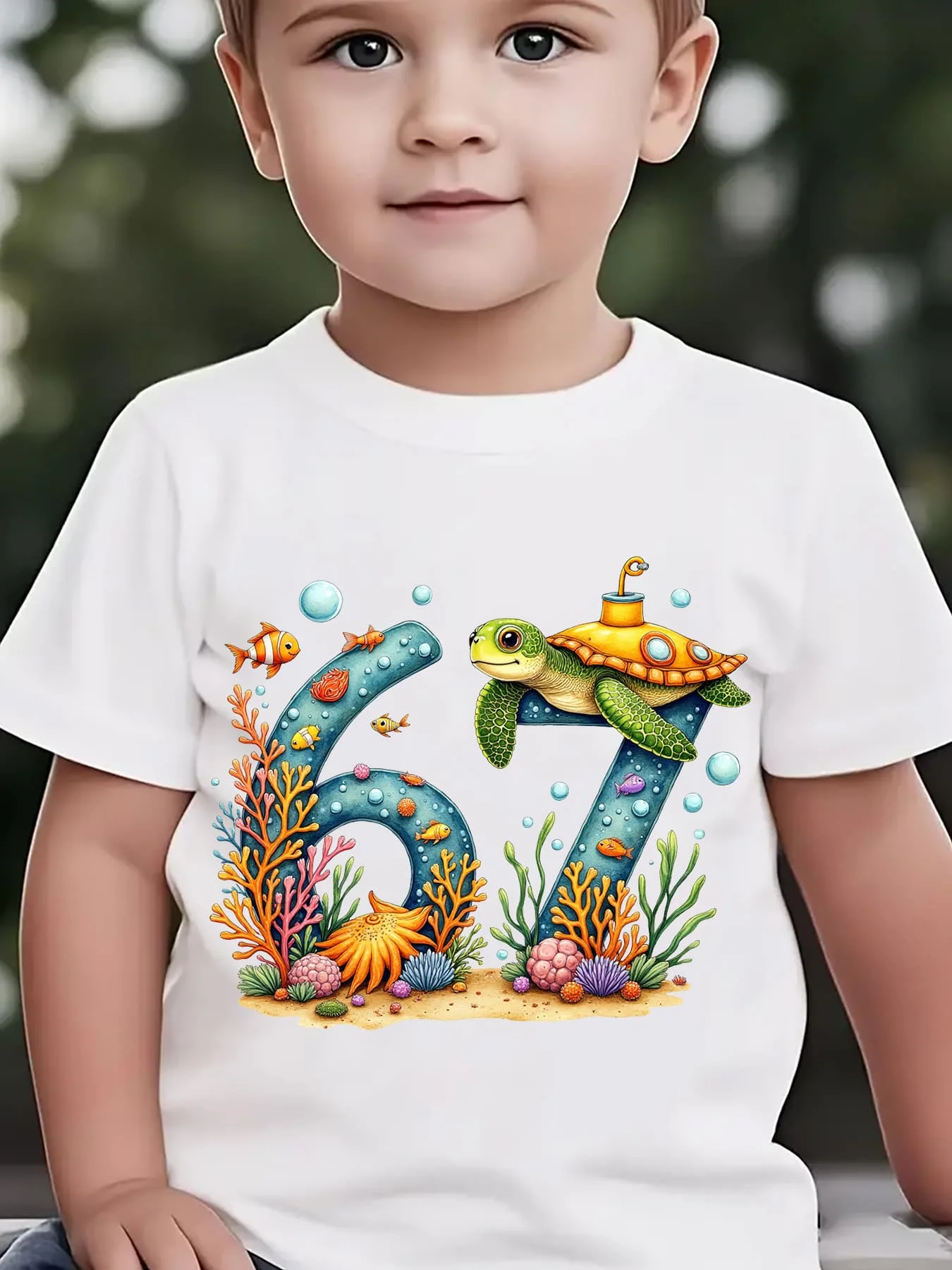 67th Birthday Sea Turtle Coral Fish Print Family Matching Cotton Tees Short Sleeve Tops For Mom Dad Boys Girls Daily Wear