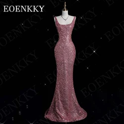 Pink Sparkly Evening Dresses Women Elegant Luxury Sequin Beading Long Party Dress Celebrity Square Neck فساتين سهره نسائيه شارون