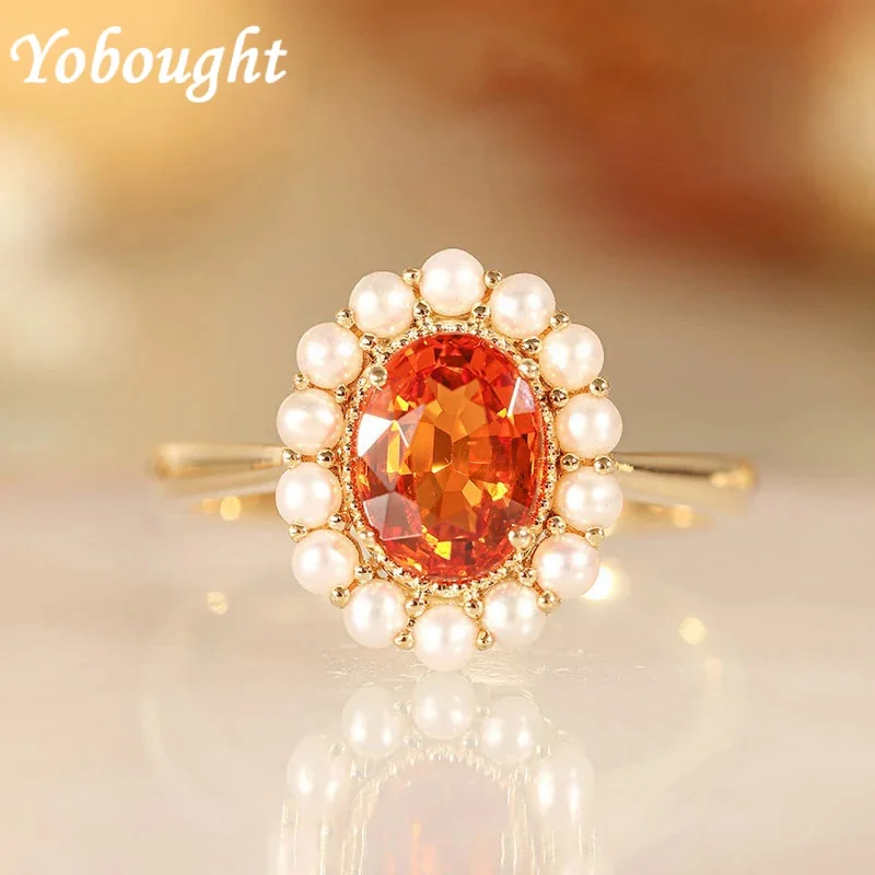 Original New S925 Silver Orange Ruby Oval Ladies Ring Open Pearl Light Luxury Sweet And Fresh To Attend The Wedding Jewelry