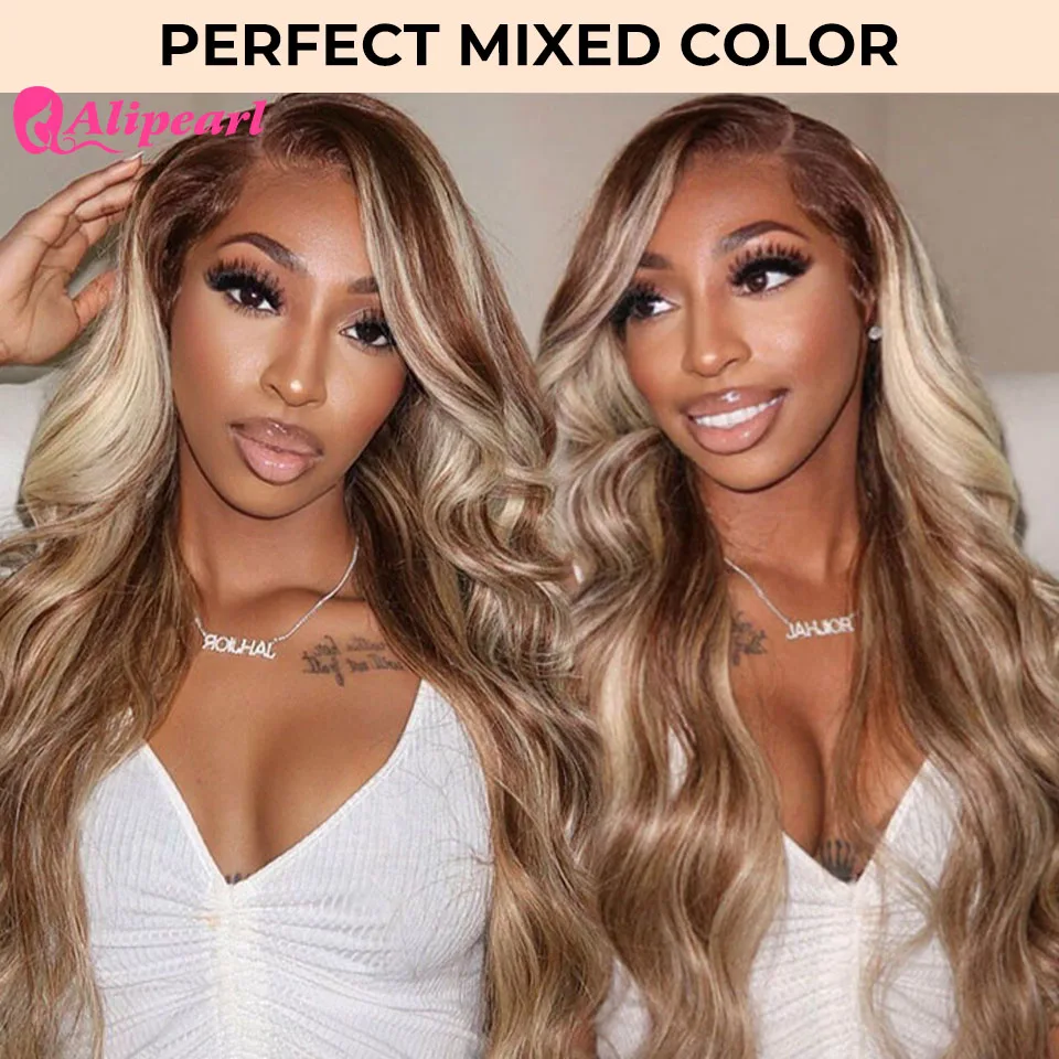 AliPearl Hair Hellbraunes Haar mit blonden Highlights Perücke # P4/613 Gerade und gewellte Echthaar-Spitzenperücken