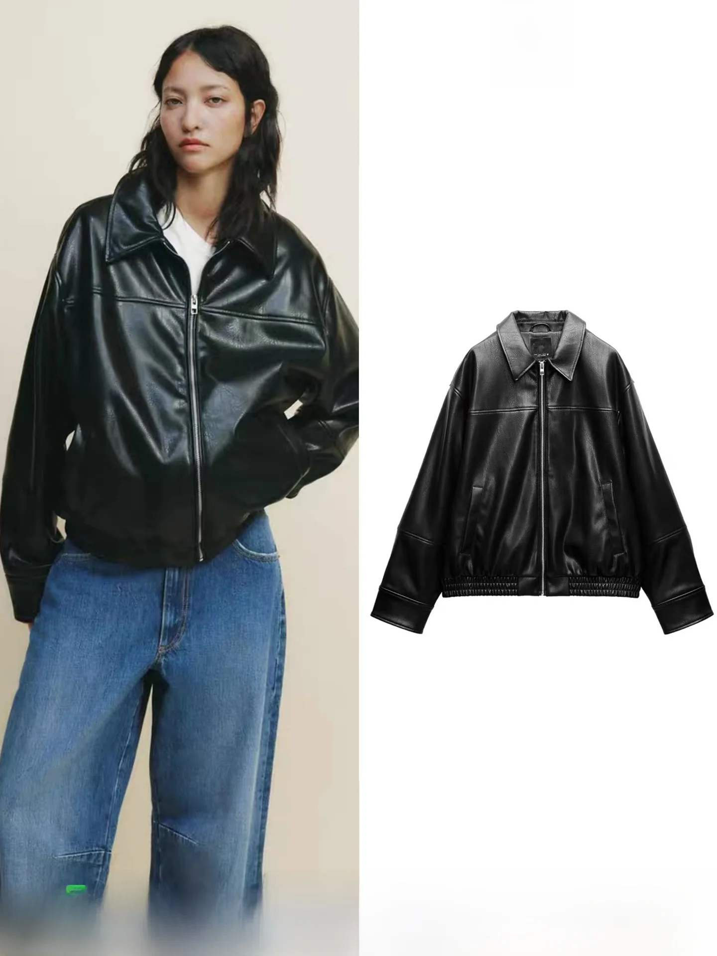 Herbst Neue frauen Lose Pilot Jaet Mantel Gefälschte Leder Revers Oberbekleidung Baumwolle Denim Stoff Damen Faion Casual Lange Sve