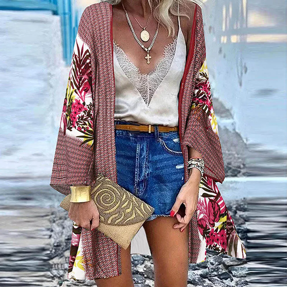 WeHello-cárdigan informal bohemio para mujer, traje de baño para playa, Tops de manga larga, chal, Camisa de gasa, verano 2023