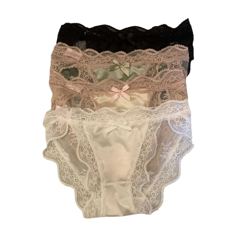 Satin Lace Low Waist Triangle Pants Women's Underwear Transparent Mesh Thong Breathable Cotton Crotch Feminine Knickers