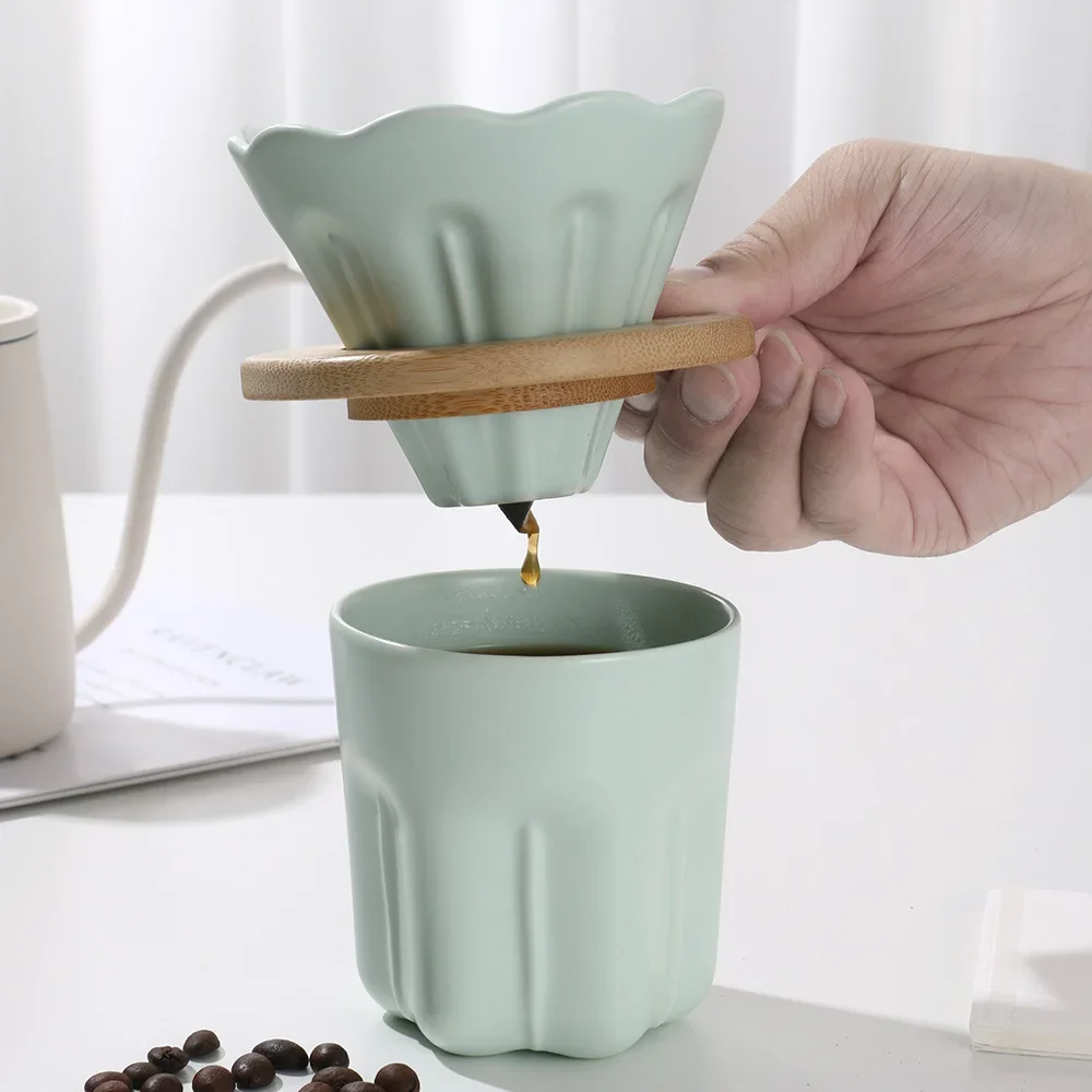 Ceramic Hand-brewed Coffee Filter Cup Magnolia Macaron Three Color Coffee Filter Cup High Temperature Resistance Hand Punch Set