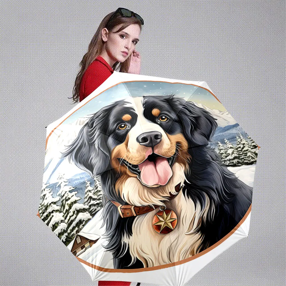 "Bernese Mountain Dog in Snowy Forest Art Design" portable waterproof sun rain umbrella for outdoor travel beach - view 2