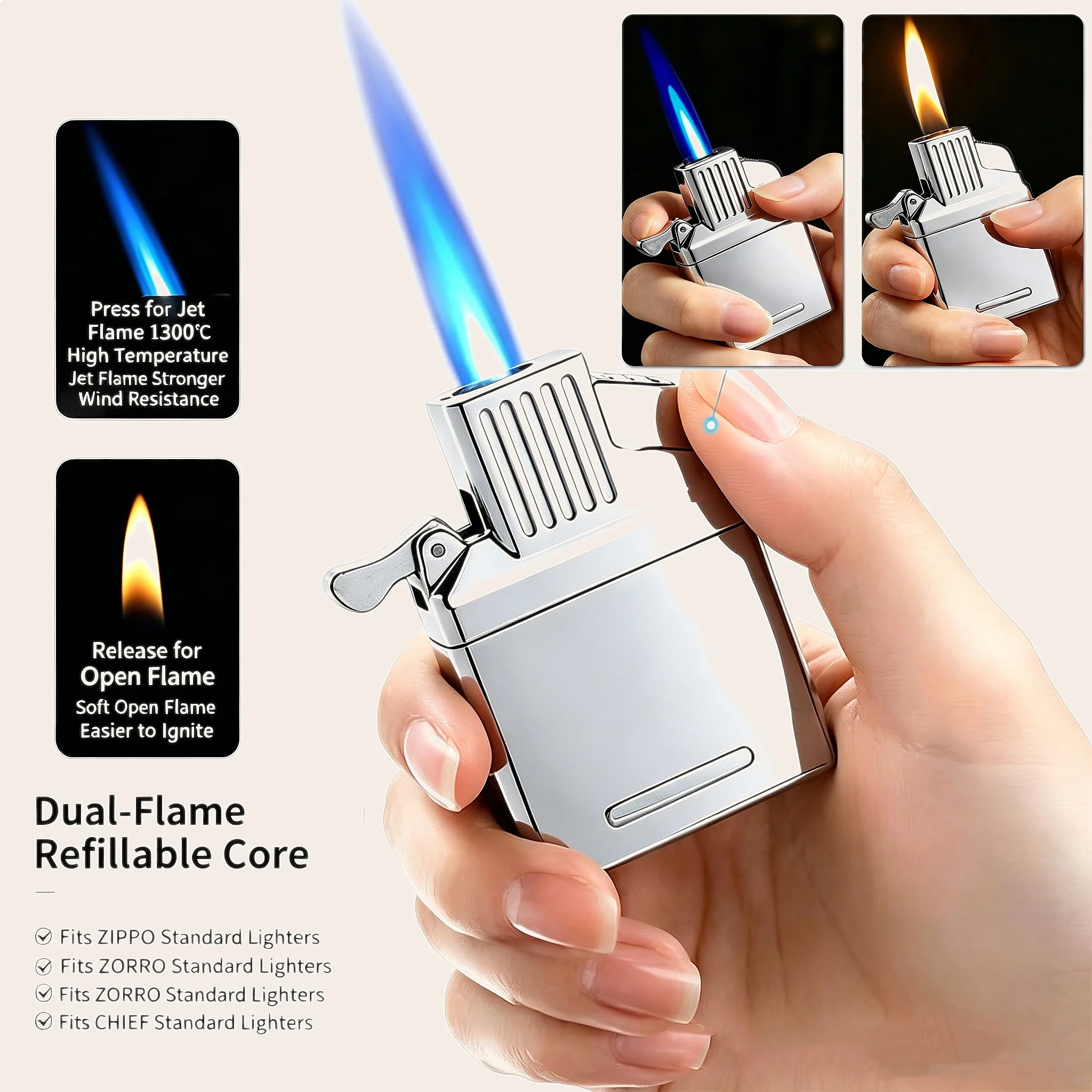 Metal Gas Insert 2-in-1 Soft Flame & Windproof Jet for Zorro Zippo Chief Lighter Parts