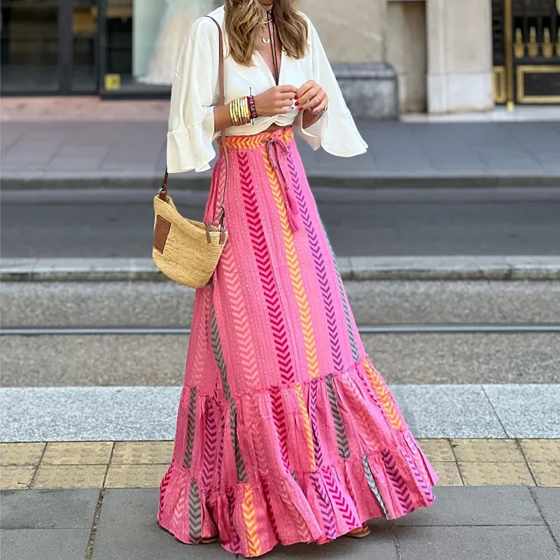 Casual Elastic High Waist Print Long Ruffle Dress Y2K Clothes Summer Women Elegant Bohemian Maxi Dress