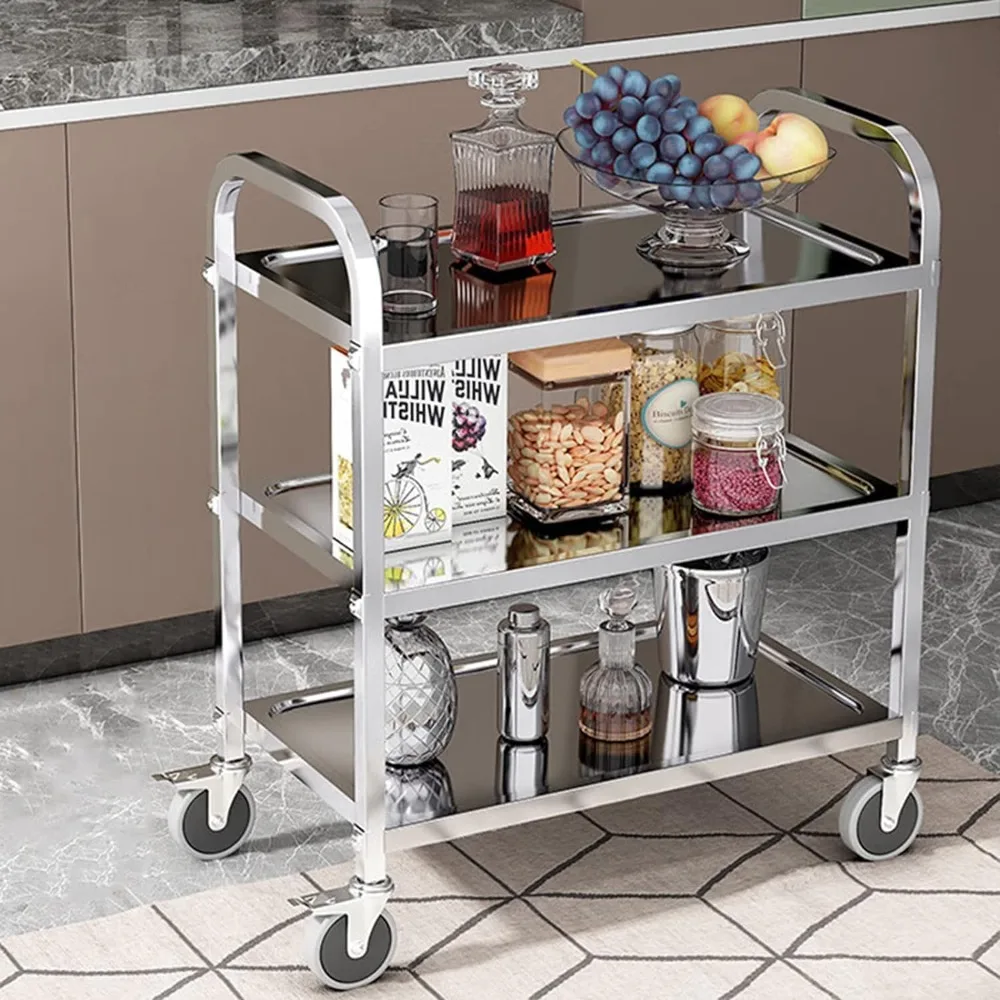 3-Tier Utility Cart with Wheels Kitchen Island Stainless Steel Trolley Serving Cart 300 lbs Capacity Catering Storage Shelf