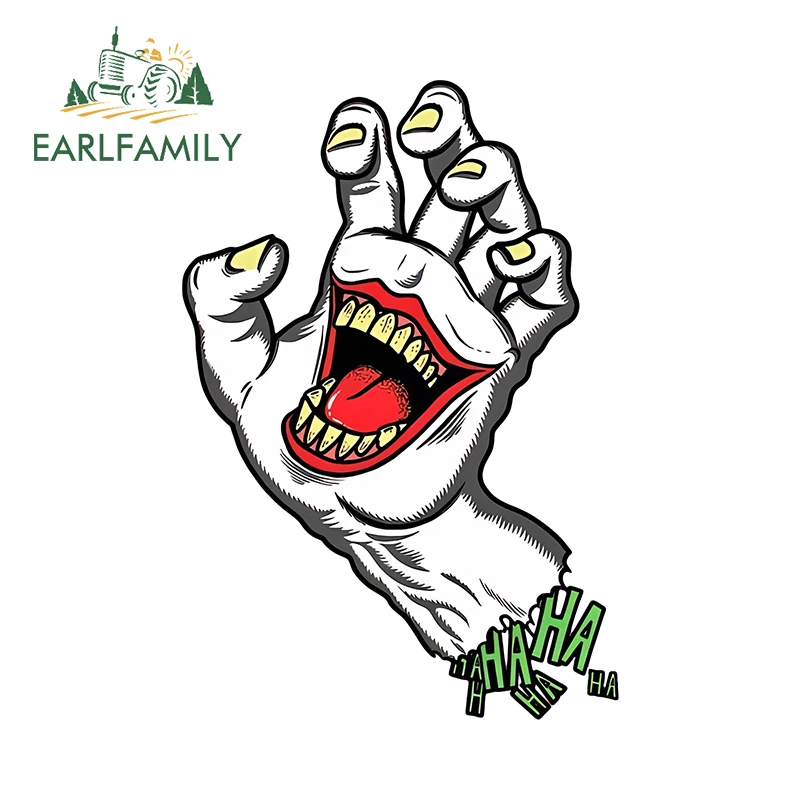 EARLFAMILY 13cm x 9.8cm Laugh Mouth in Hand Car Sticker Cartoon Zombie Luggage Vinyl Decal Funny Motorcycle Racing Car Styling