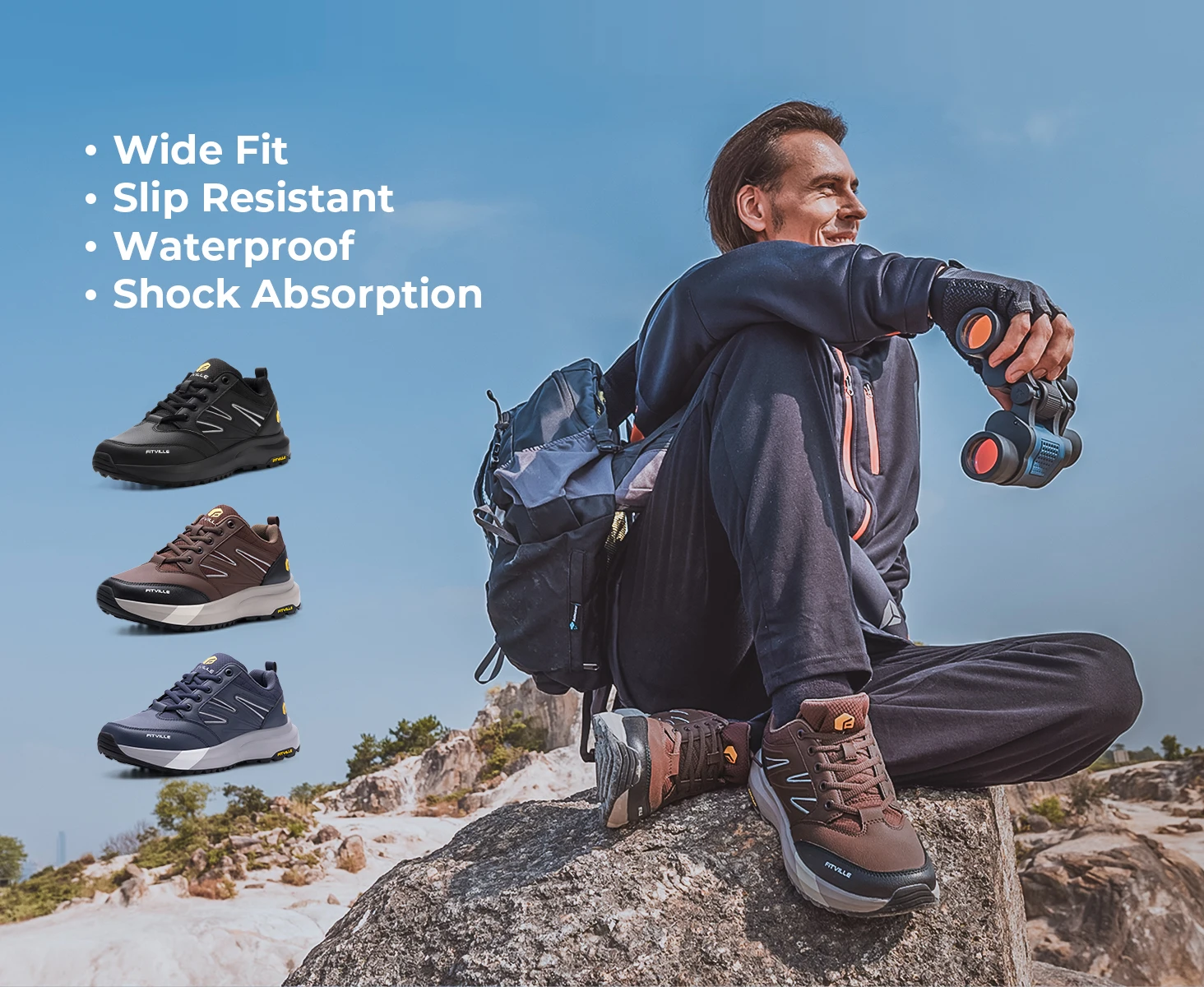 FitVille Outdoor Herren Wanderschuhe Extra Breiter Zehenbereich Trekkingschuhe Sneakers für Männer mit Rutschfester Sohle – Detail 4