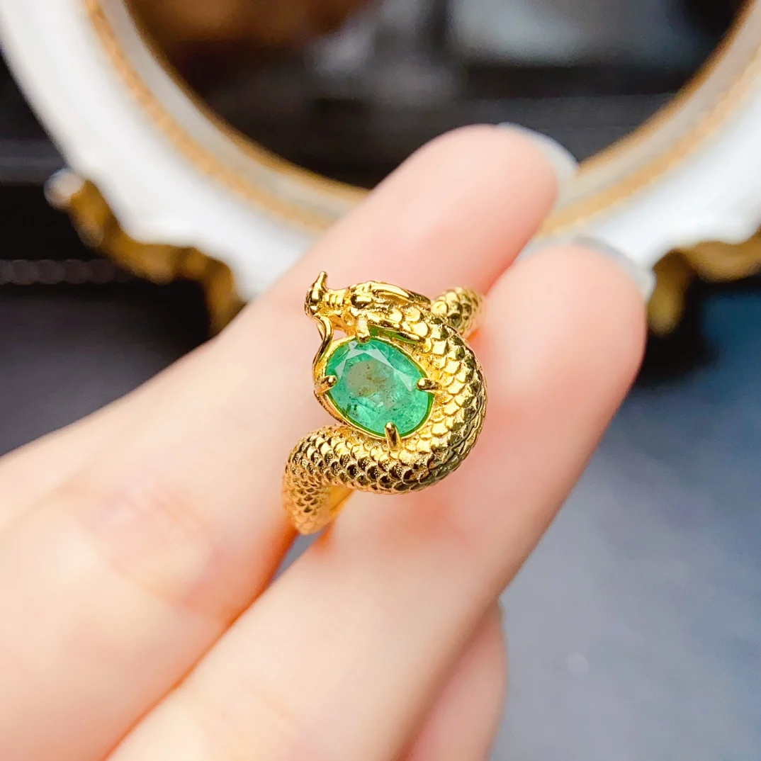 FS 5*7mm Natural Emerald Gemstone Fashion Dragon Ring for Women Real S925 Sterling Silver Charm Fine Party Jewelry MeiBaPJ