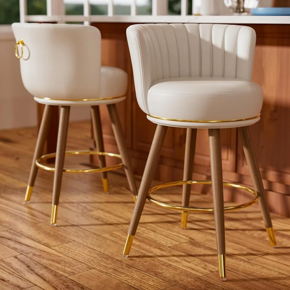 

Bar Stools Set of 2, Counter Height Barstool with Back, Leather Swivel Counter Stools with Wood Legs and Footrest, Bar Chair