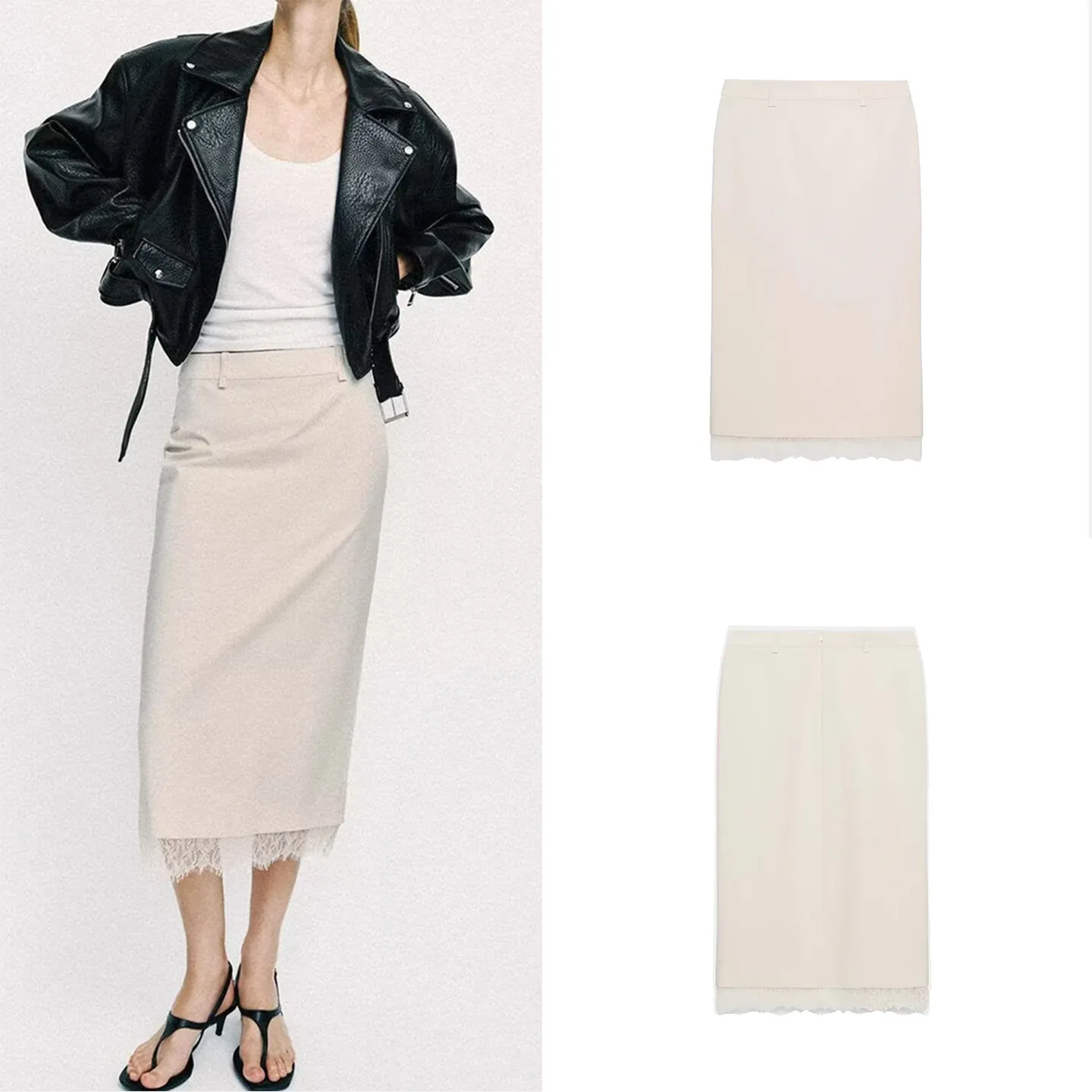 Fashionable Midi Skirt for Women Spring 2026 High Waist Straight Cut Lace Trim Split Design Elegant Casual Wear Zadata Brand