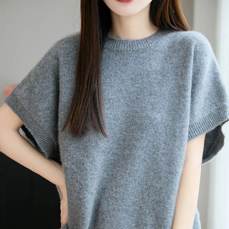 

Yoyoselect, 100% мериносовая шерсть, женский свободный пуловер с короткими рукавами, свободный свитер с круглым вырезом, однотонный утолщенный трикотаж, мягкий шикарный топ