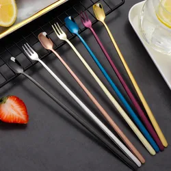 Stainless Steel Long Handle Bar Spoon Bartender Cocktail Stir Rod Gold Drinks Honey Mixing Spoons Fork Kitchen Accessories