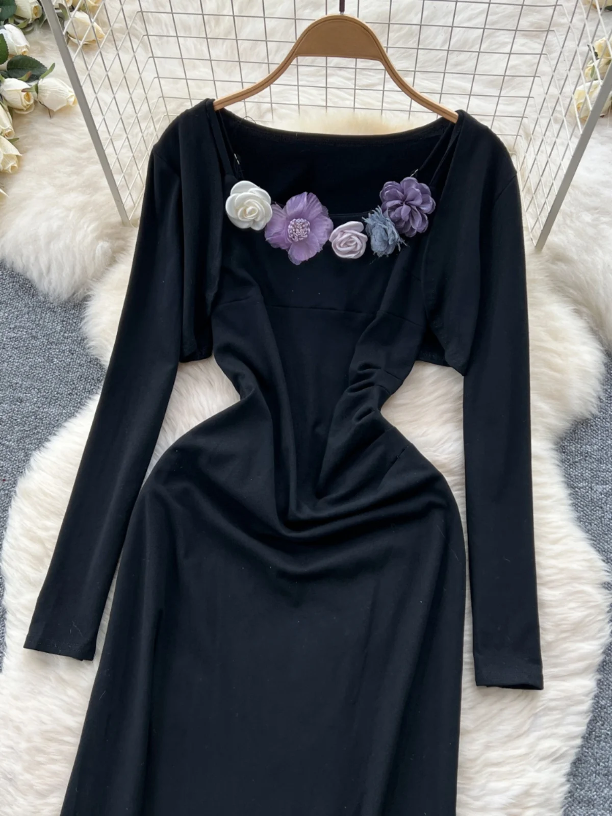 Rose Flower Waist-Cinching Dr + ort Sve Long Coat Two-Piece Set Ele Ladylike Sle for Young Women 8-25 Years Old