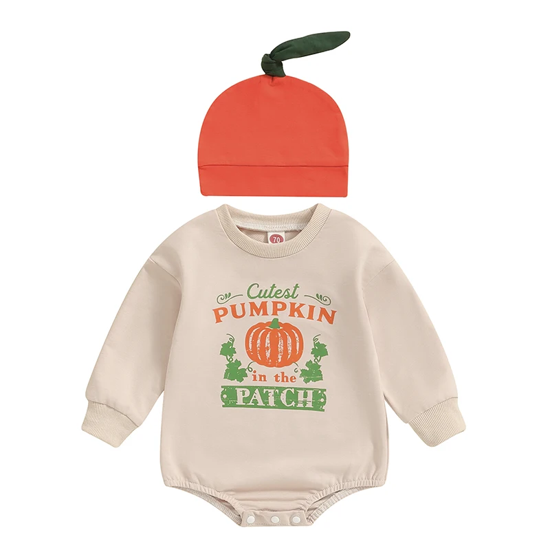 

Baby Boys Outfit Long Sleeve Crew Neck Letters Pumpkin Print Romper with Hat Halloween Clothes