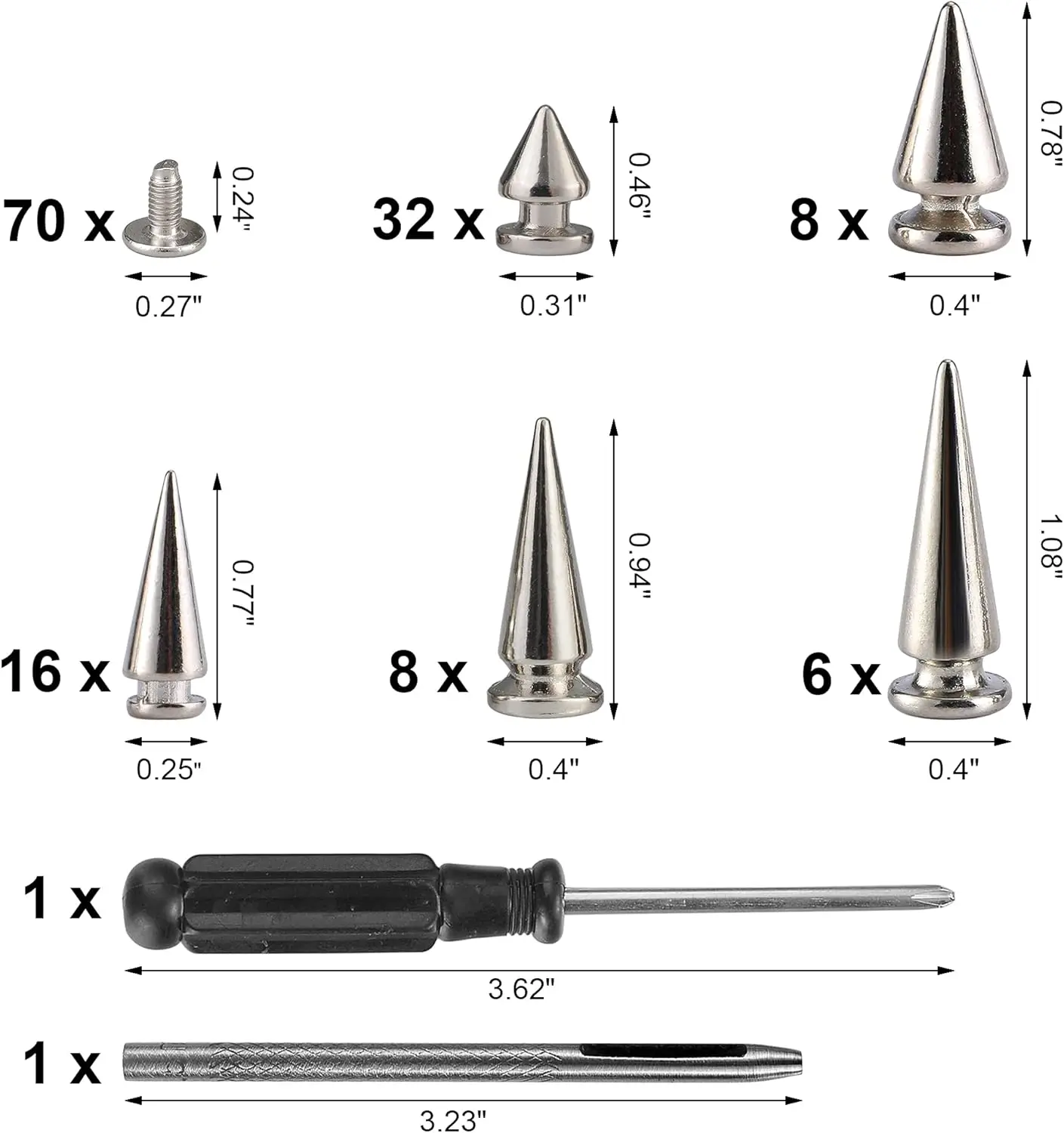 70 Sets Mixed Shape Spikes and Studs Assorted Sizes for Clothing - Silver Color Screw Back Bullet Tree Rivet for Leather Craft,