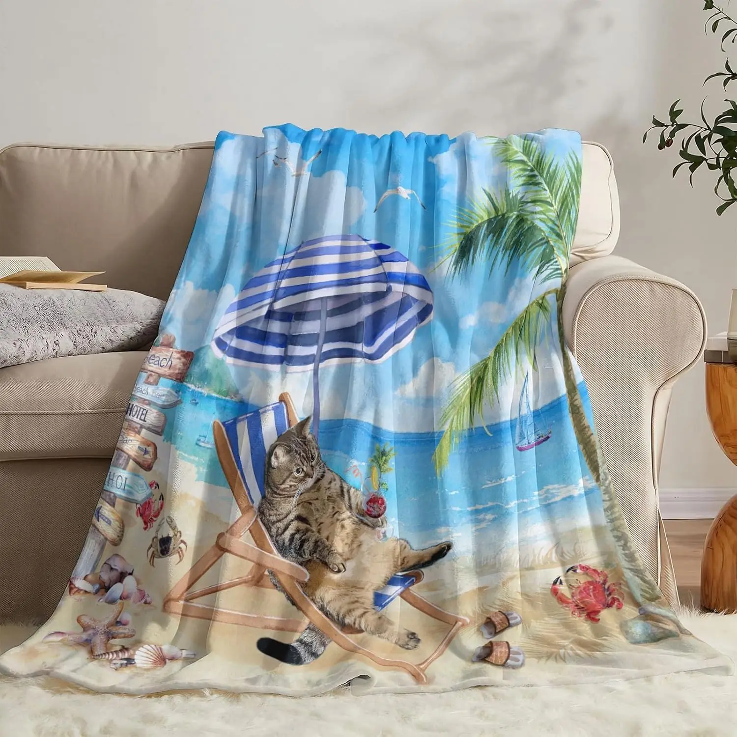 Funny Beach Cat Throw Blanket, Blue Sea Hawaii Cute Pet Kitty Cozy Nap Cash Blankets Gift for Teens Kids Student College Dorm