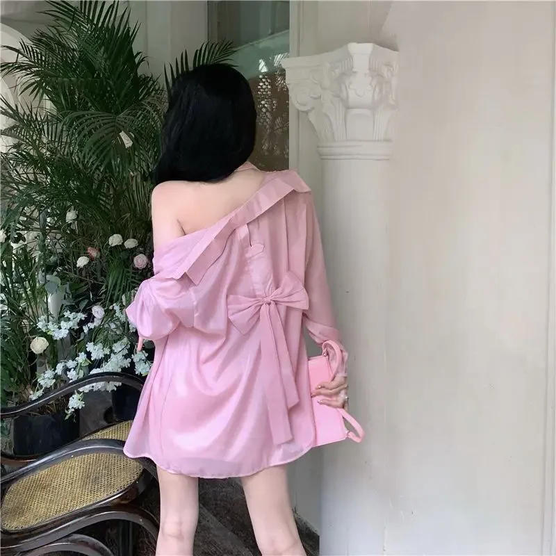 Chiffon Thin Bow Patchwork Loose Blouse Summer New Long Sleeve Solid Simplicity Korean Shirt Tops Fashion Casual Women Clothing