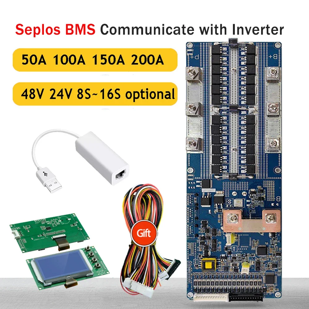 Seplos Smart BMS 8S 13S 14S 15S 16S 50A 100A 150A 200A 48V CAN/RS485 Board Bluetooth LiFePO4 Battery Communicate to Inverter 10E