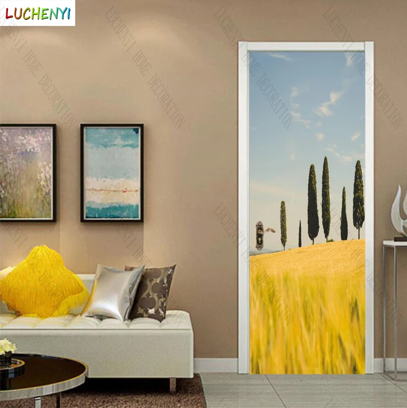 Papel de parede desert trees yellow sand landscape blue sky clouds door sticker bedroom door wallpaper mural , home decoration