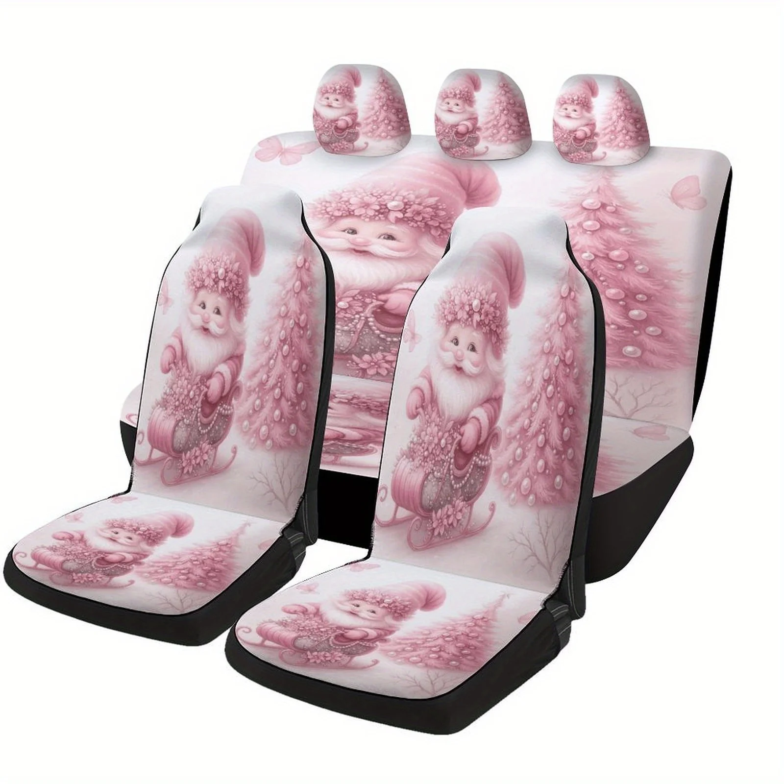 Pink Santa Sleigh Designed Car Seat Cover Set For Most Cars, Trendy Novelty High-quality Car Seat Protector Covers Full Set, Ca