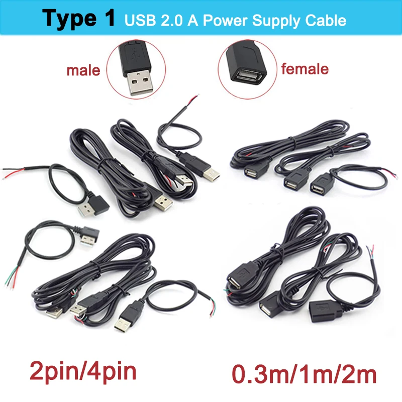 2Pin 4Pin Micro USB / Type C Charger Connector USB 2.0 Type A Male Female Power Supply Extension Cable Wire DIY Data Line u